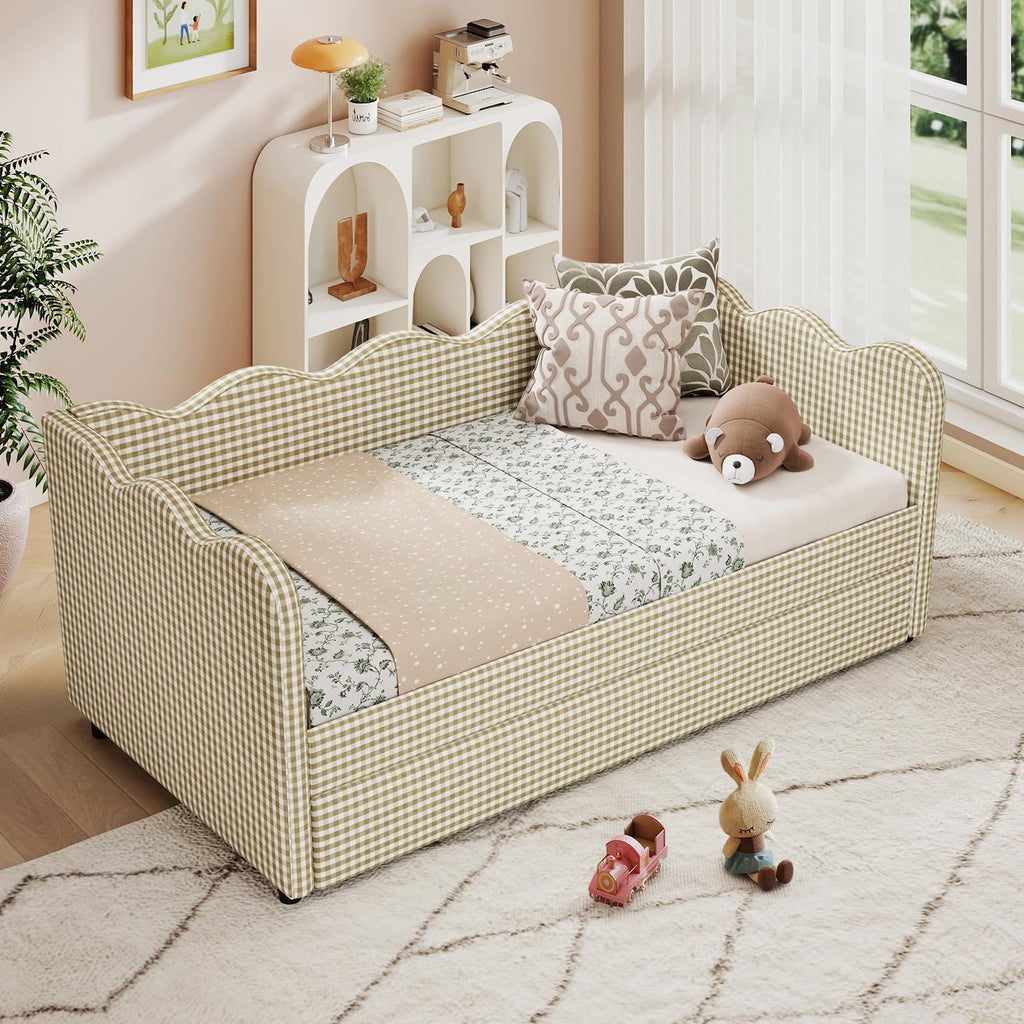 Twin Size Upholstered Gingham Daybed with Pop Up Trundle A255
