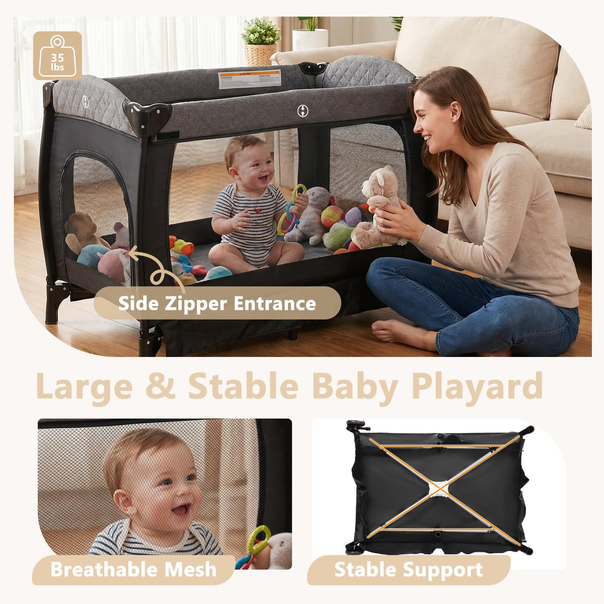 Portable Pack and Play Baby Playard with Bassinet Light Grey V843