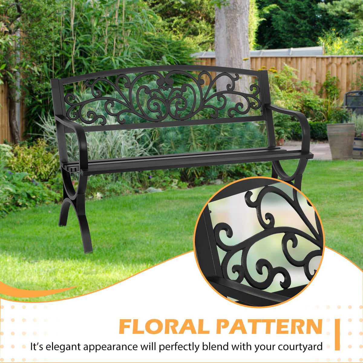 50" Outdoor Garden Bench Black 480lbs Load Capacity U138316