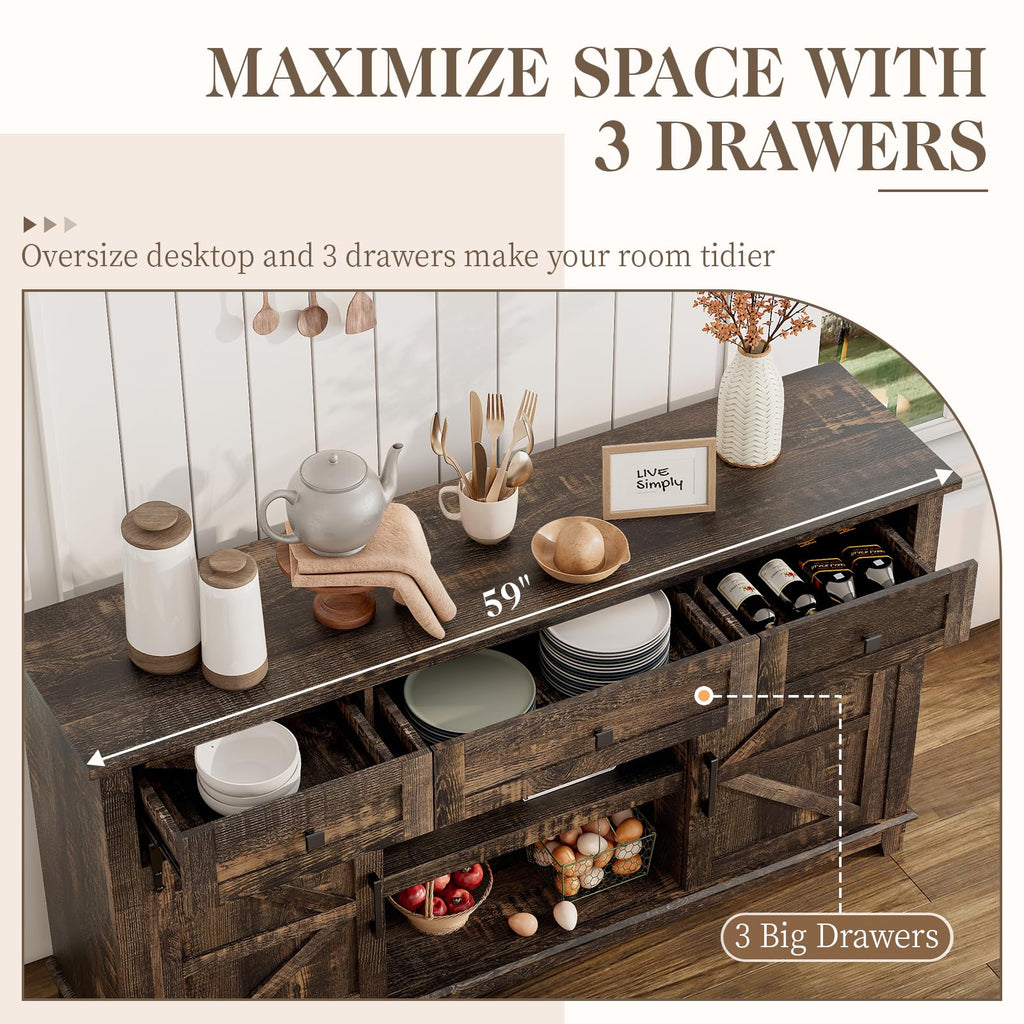 59" Dark Rustic Oak Farmhouse TV Stand with Storage Drawers X3065