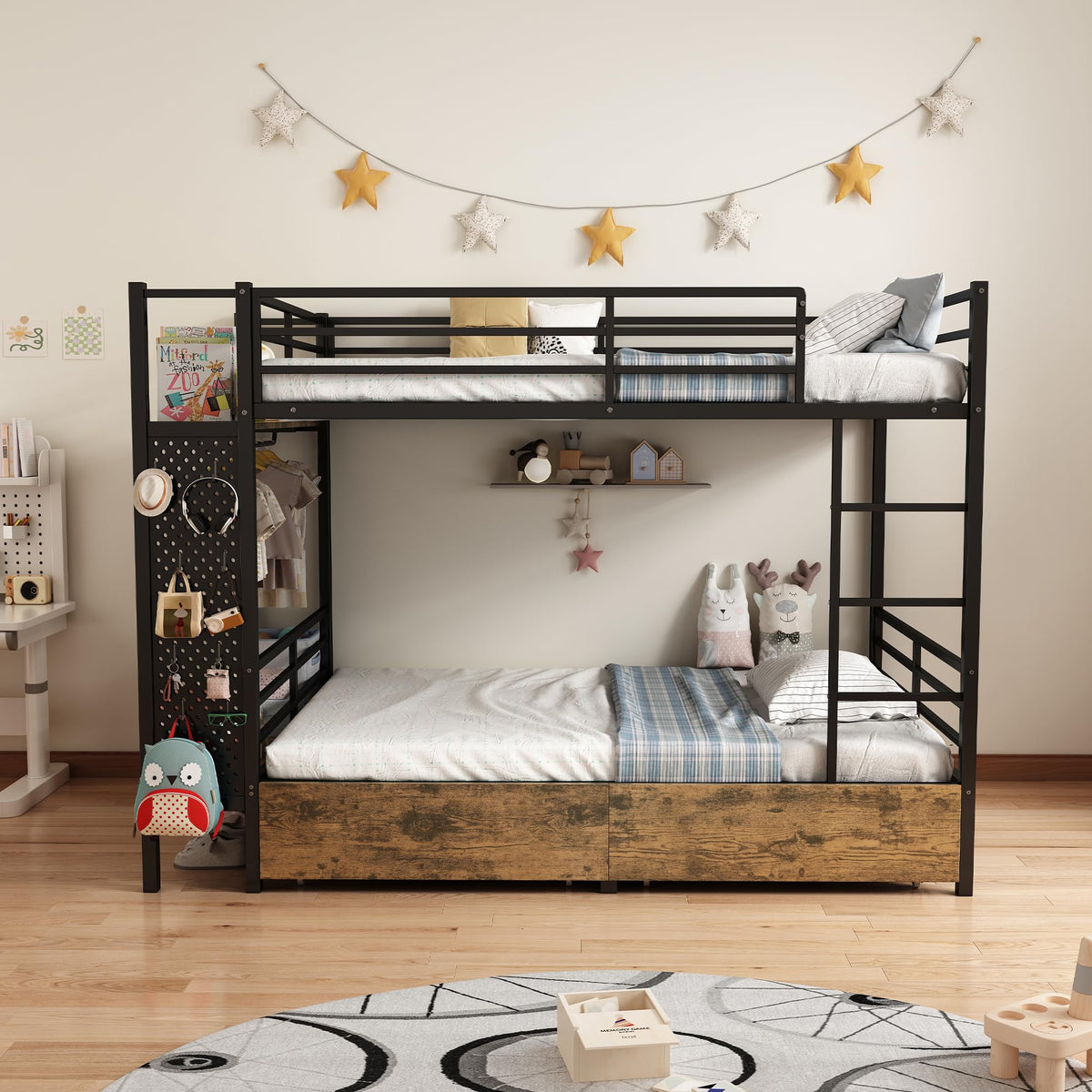 Twin Over Twin Metal Bunk Bed with Storage J4810