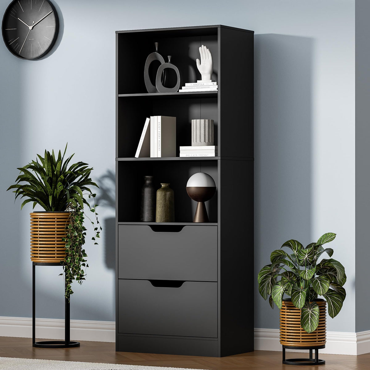 63" H Black Bookshelf with 2 Drawers Z3703