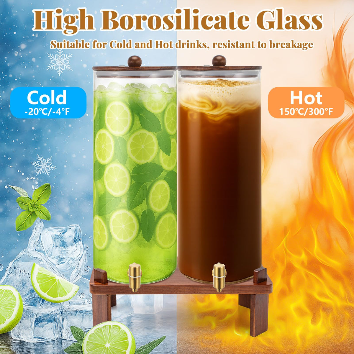 2 Pack 4 Gallon Glass Drink Dispenser with Acacia Wood Stand and Lid Z62685