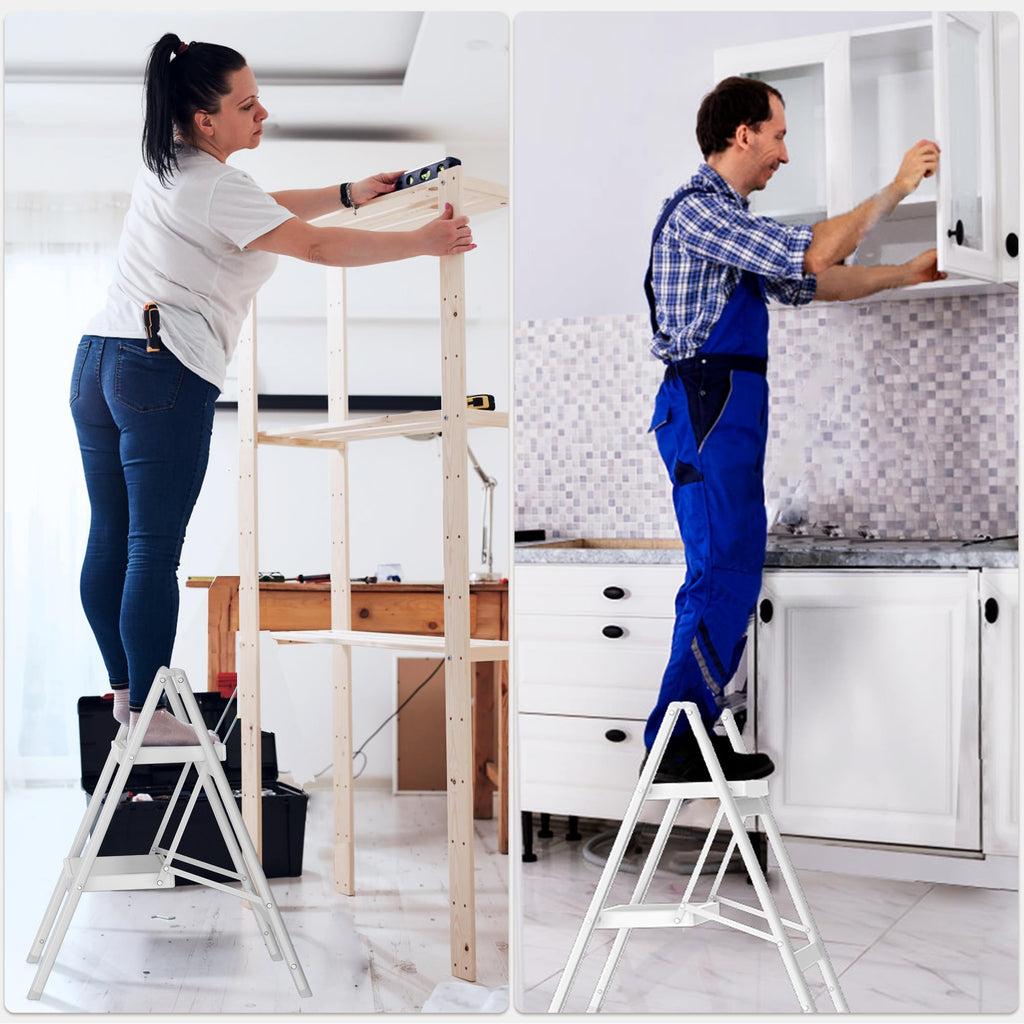 2 Step Folding Steel Ladder 330lbs Capacity White G763115