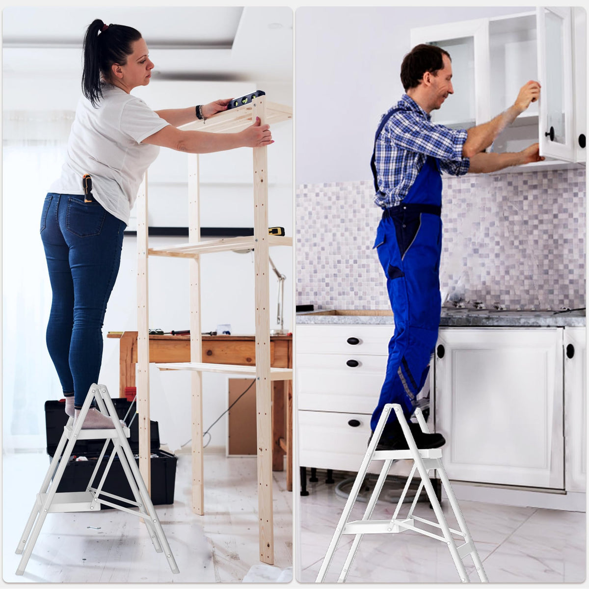 2 Step Folding Steel Ladder 330lbs Capacity White G763115