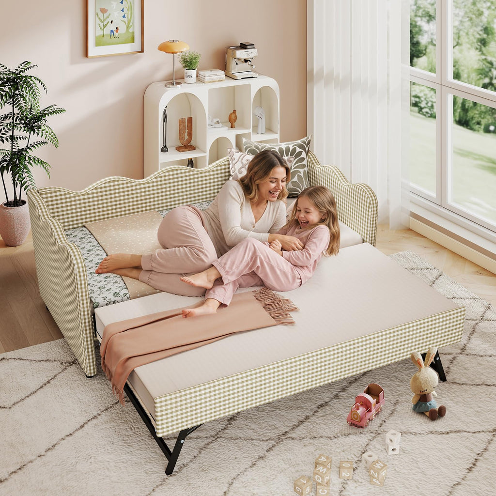 Twin Size Upholstered Gingham Daybed with Pop Up Trundle A255