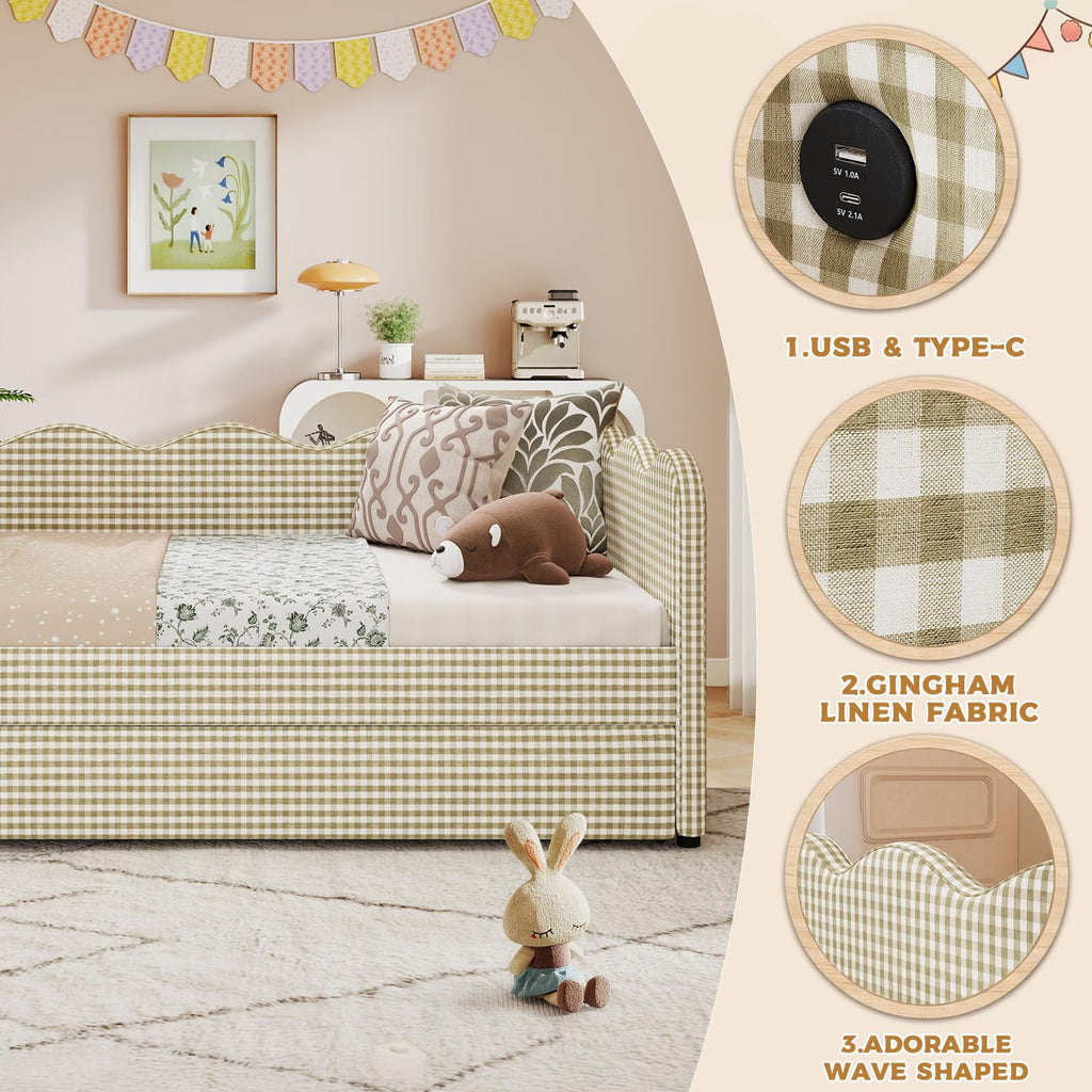Twin Size Upholstered Gingham Daybed with Pop Up Trundle A255