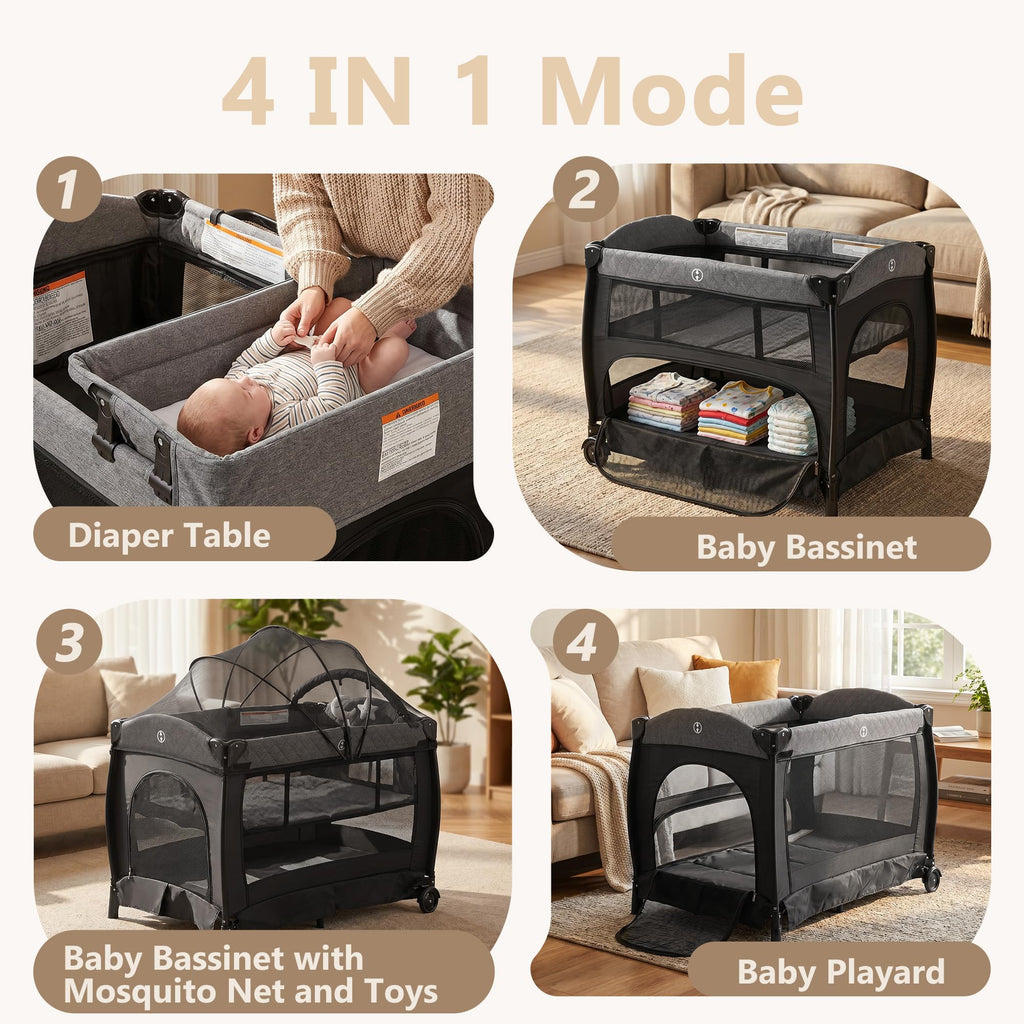 Portable Pack and Play Baby Playard with Bassinet Light Grey V843