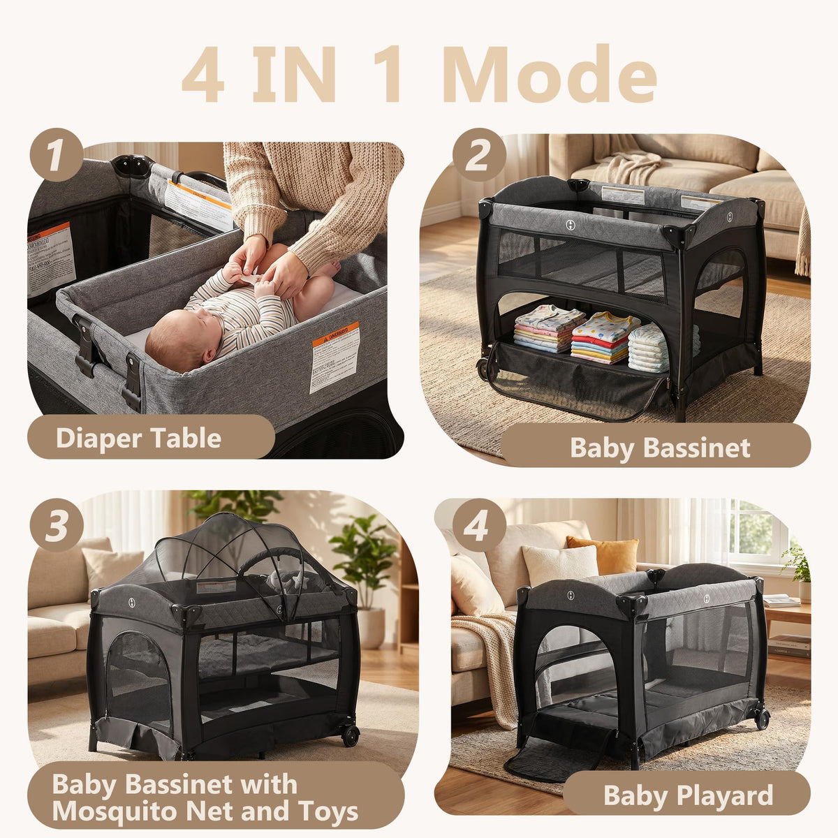 Portable Pack and Play Baby Playard with Bassinet Light Grey V843