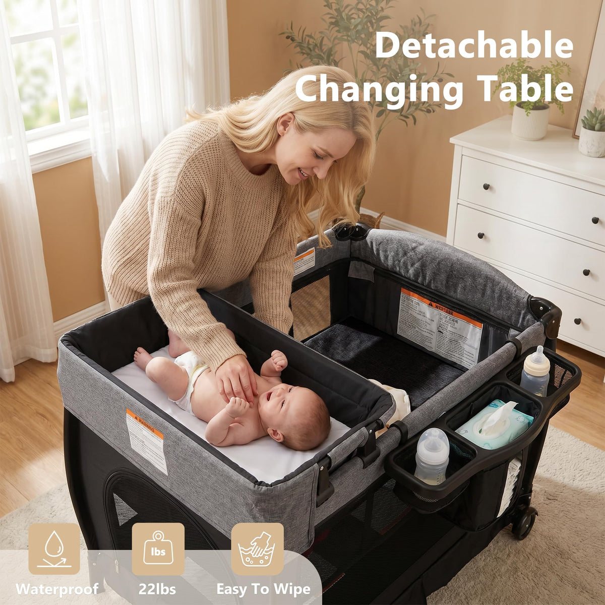 Portable Pack and Play Baby Playard with Bassinet Light Grey V843