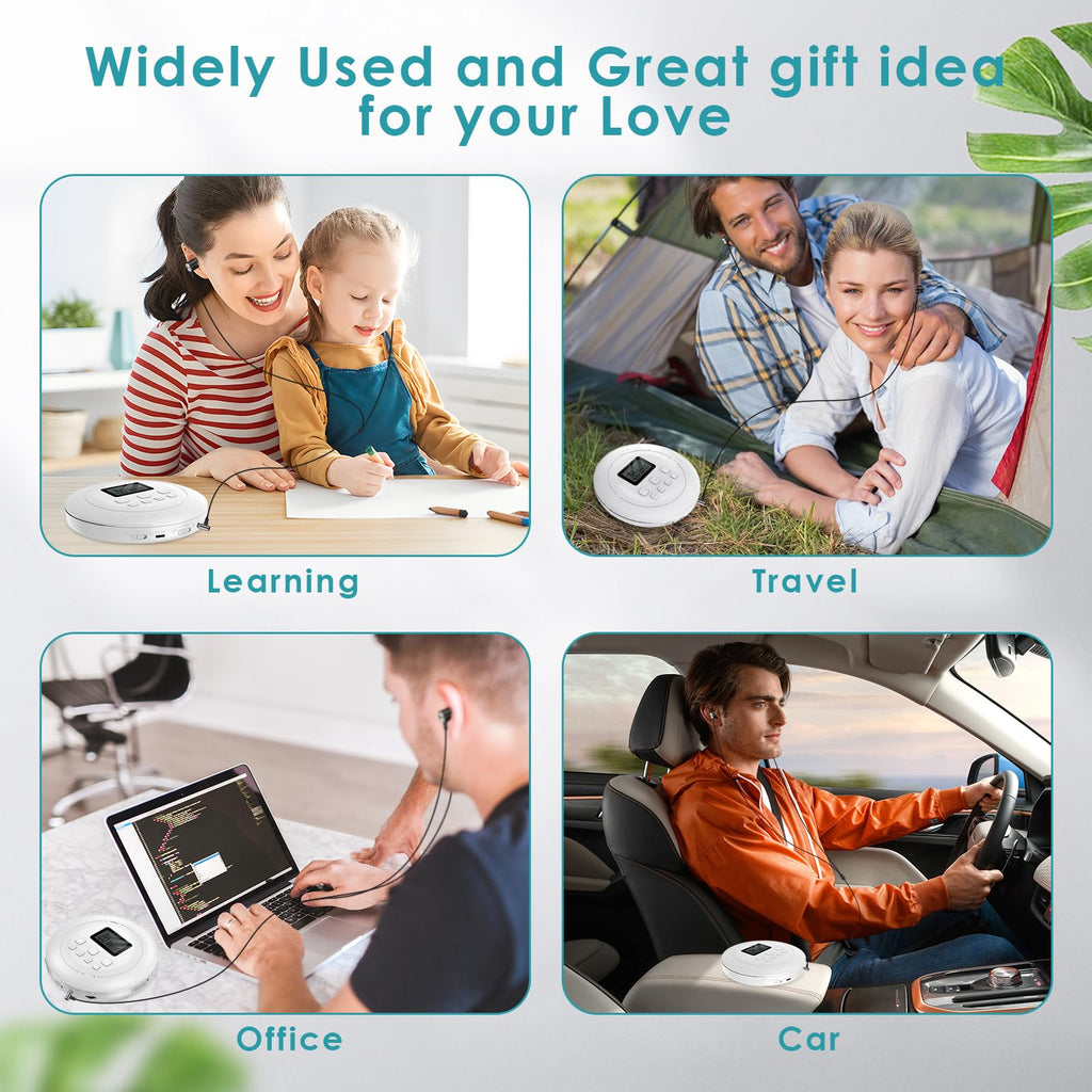 Portable CD Player with Headphones Jack USB AUX LCD Display White S577652