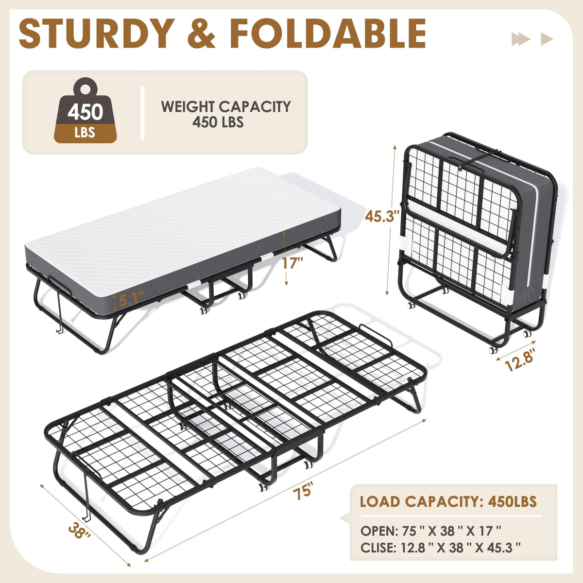 Folding Bed with Mattress Twin 75" x 38" C432