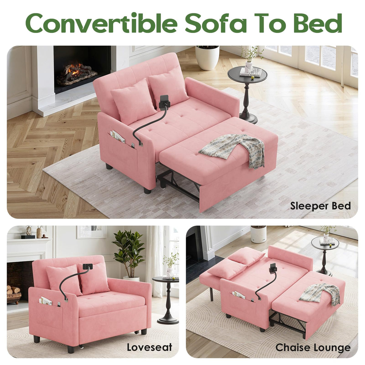 Pink Convertible Sleeper Sofa Bed D694