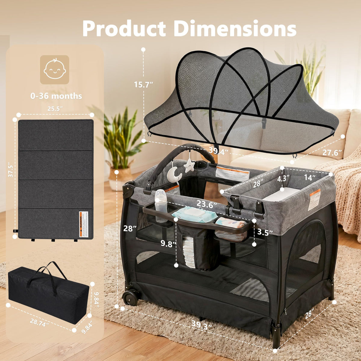 Portable Pack and Play Baby Playard with Bassinet Light Grey V843
