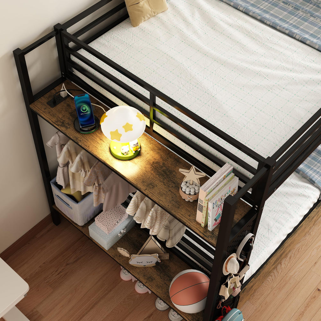 Twin Over Twin Metal Bunk Bed with Storage J4810
