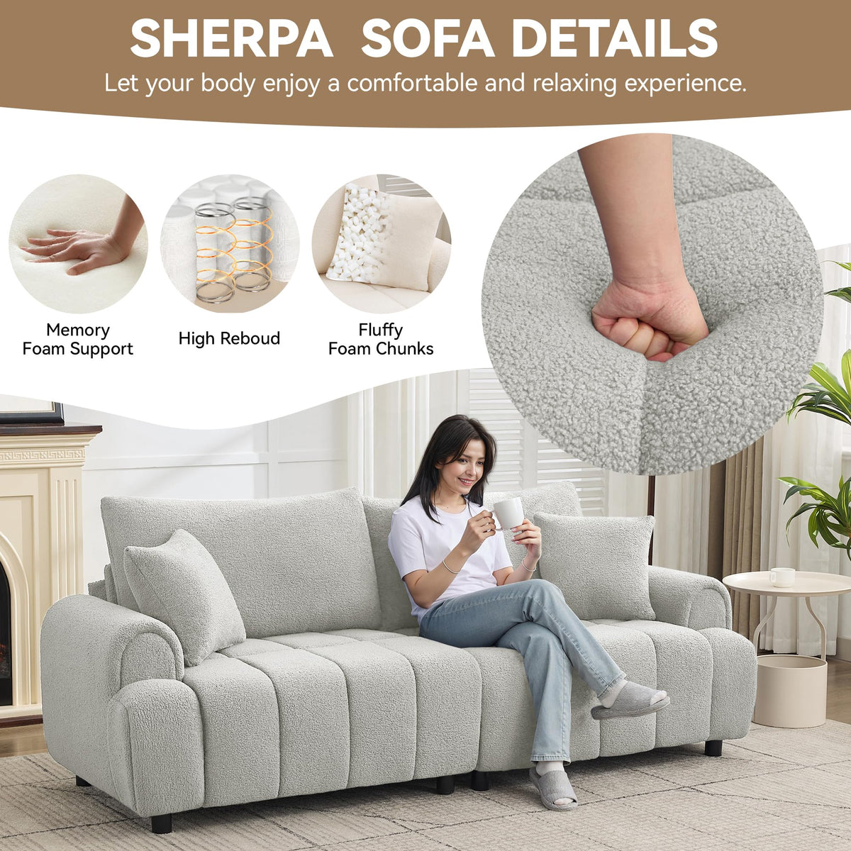 Light Grey Oversized Sherpa Boucle Sofa F886