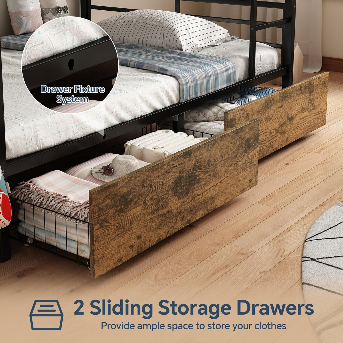 Twin Over Twin Metal Bunk Bed with Storage J4810