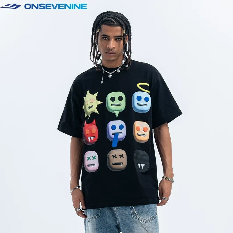 ONSEVENINE 3D Emoji Character Grid Graphic Tee